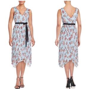 LIKELY Floral Pleated Tie-Waist Midi Dress, Light Blue